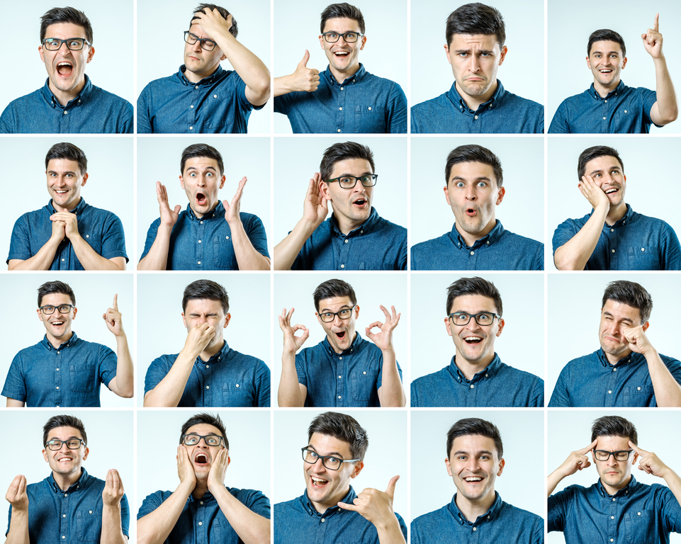 man expressing different emotions