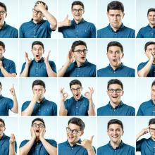man expressing different emotions